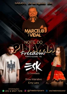 Flyer da Noite do Pijama com Marcelo Vidal e Emy Lara em Porto Alegre.