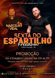 Flyer do evento Sexta do Espartilho na Freedom em Porto Alegre com detalhes sobre a promoção e apresentação.