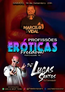Flyer do evento Profissões Eróticas na Freedom em Porto Alegre, com DJs Marcelo Vidal e Lucas Santos.