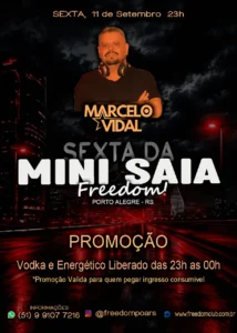 Flyer promocional da festa Sexta da Mini Saia com DJ Marcelo Vidal em Porto Alegre.