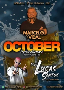 Flyer do evento October Freedom com Marcelo Vidal e DJ Lucas Santos em Porto Alegre.
