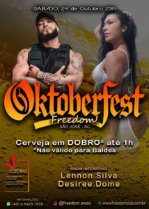 Flyer promocional do evento Oktoberfest Freedom com dois modelos e detalhes do evento.