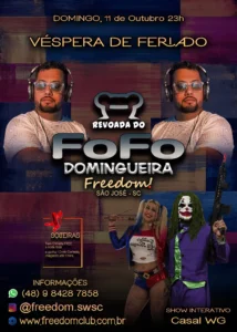 Convite para a Revoada do FoFo Domingueira em São José, com música animada e show interativo.