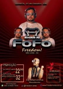 Flyer da Revoada do Fofo na Freedom São José, com DJ Marcinha e promoções especiais.